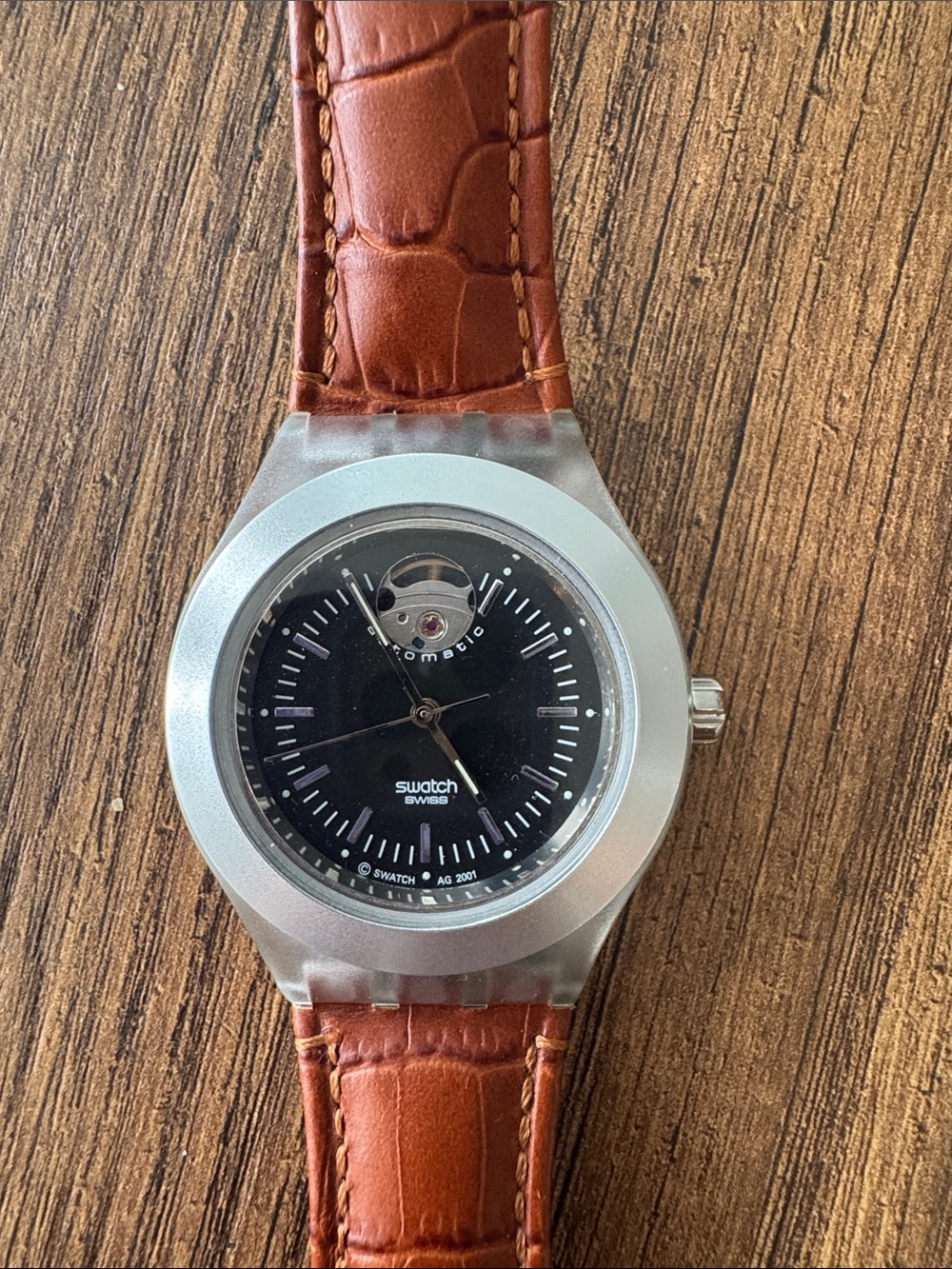 Swatch Irony diaphane automatic men’s watch, brown leather band